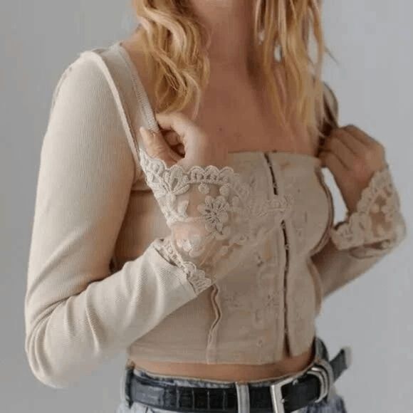 Urban Outfitters Leona Lace Tan Brown Hook Eye Boho Long Sleeve Cropped Medium - Picture 10 of 10